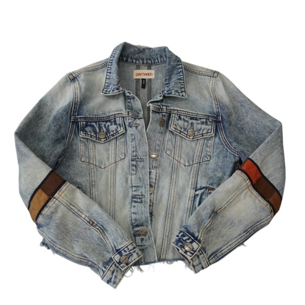 Driftwood Trucker Denim Jean Jacket Light Wash Stripe Sleeve Frayed Hem Festival